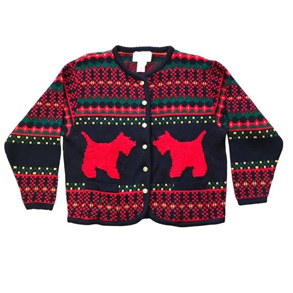 Vtg Tally-Ho Scotty Terrier Dog Cardigan Sweater Button Front Red Black Medium - Picture 1 of 12